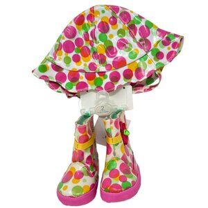 Baby Deer Girl Polka Dot Rain Boots & Matching Hat Set Size 2T- Waterproof